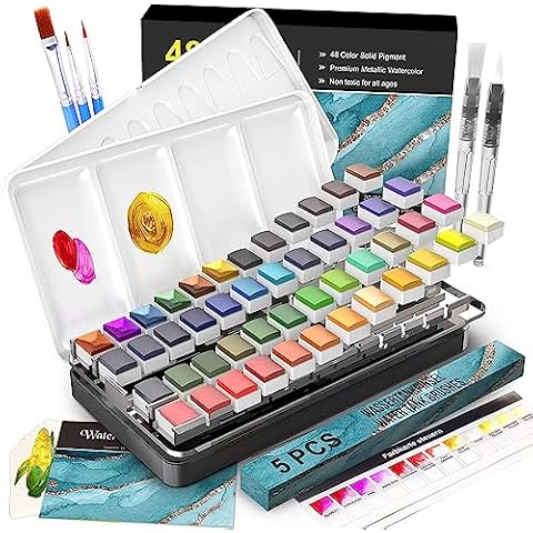 Artkaler Aquarellfarben Set, Wasserfarben + 3Hookline Stifte + 2Wassertankpinsel + 1Pinsel + 20Aquarellpapier, Aquarell Farben Set Malkasten Einschließlich Metallic Cover