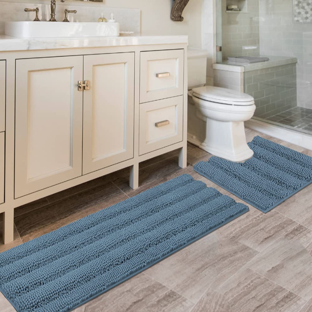 Bathroom Rugs Bath Rug Set 2 Piece Bathroom Contour Rug Toilet Mat Sets Non Slip Contour Bath Rug Set Ultra Thick Water Absorbent Striped Bath Mats Washable(47" x 17" Plus 20" x 20" U, Stone Blue)