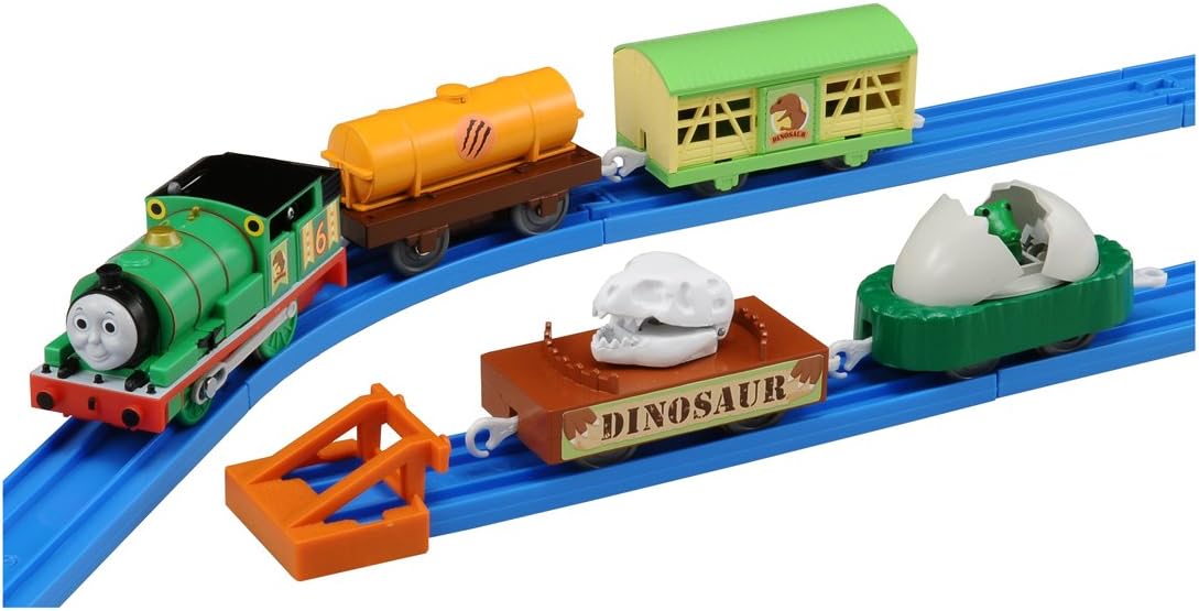 Tomy Plarail Pla Rail Trackmaster Dinosaur and plastic rail freight car with Motorized Percy