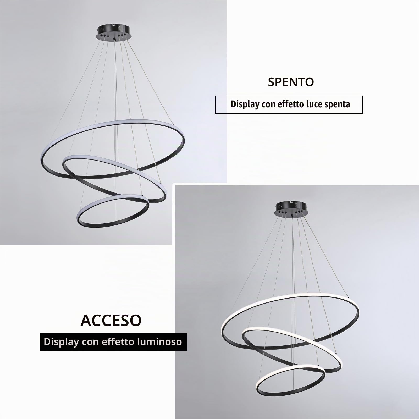 Lampadario a sospensione a LED, dimmerabile a 3 anelli, in acrilico, nero, regolabile, per cucina, isola, sala da pranzo, soggiorno, camera da letto, atrio, 40 + 60 + 80 cm