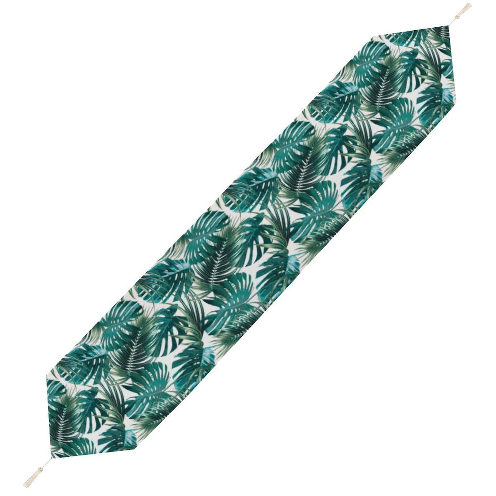 JZemdybill 178*33cm Table Runner with Tassel, Palm Leaf And Monstera Table Runner, Table Decoration for Kitchen, Party, Restaurant