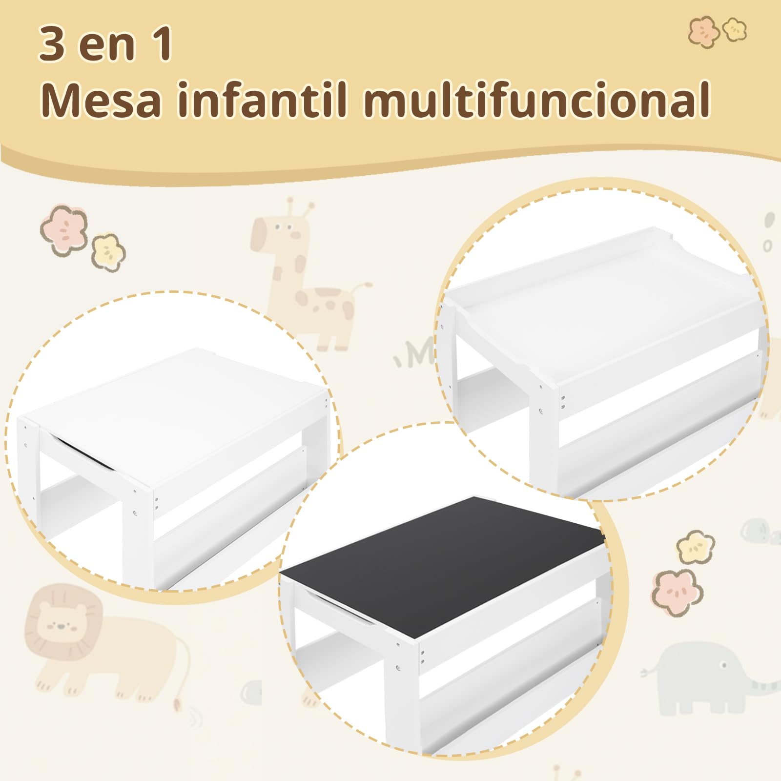 Lestarain Juego de Mesa y Sillas Infantiles, Mesa con Pizarra y 2 Sillas para Niños de Caja Almacenaje, Encimera Reversible, Mueble Infantil para Guardería y Habitación Infantil, Blanco