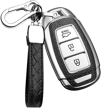 TPU Leather Texture Car Key Fob Cover with Keychain fits for Hyundai Solaris I10 I20 Ix35 Creta Tucson Santa Fe Elantra Accent Car Key Case Cover Smart Remote Car Key Holder 3 Button Silver
