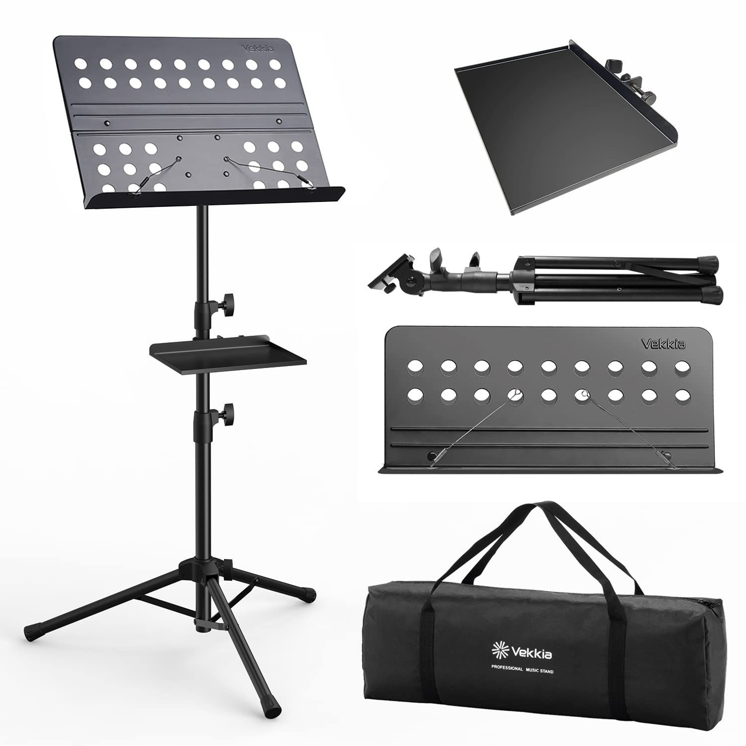 Vekkia Sheet Music Stand Professional Portable Music Stand with Clamp-on Tray & Carrying Bag,Folding Adjustable Music Holder,Super Sturdy suitable for Instrumental Performance & Band & Travel