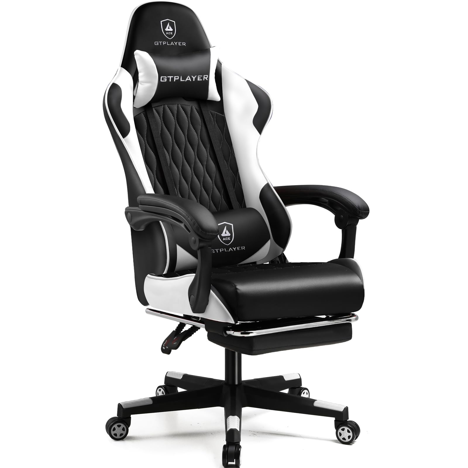GTPLAYER Silla de gamer, silla ergonómica de oficina con reposapiés ajustable lumbares y almohada, silla de gaming acolchada, 150 kg de capacidad de carga, color blanco