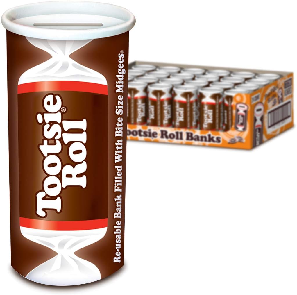 Tootsie Roll Bank, Reusable Piggy Bank filled with Tootsie Roll Midgees, 4 Ounce (Pack of 24)