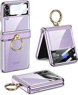 SHIEID Capa Samsung Galaxy Z Flip4 com proteção de dobradiça, capa protetora de policarbonato rígido cristal Galaxy Z Flip 4 Crystal com capa transparente de anel para Samsung Galaxy Z Flip4, roxa