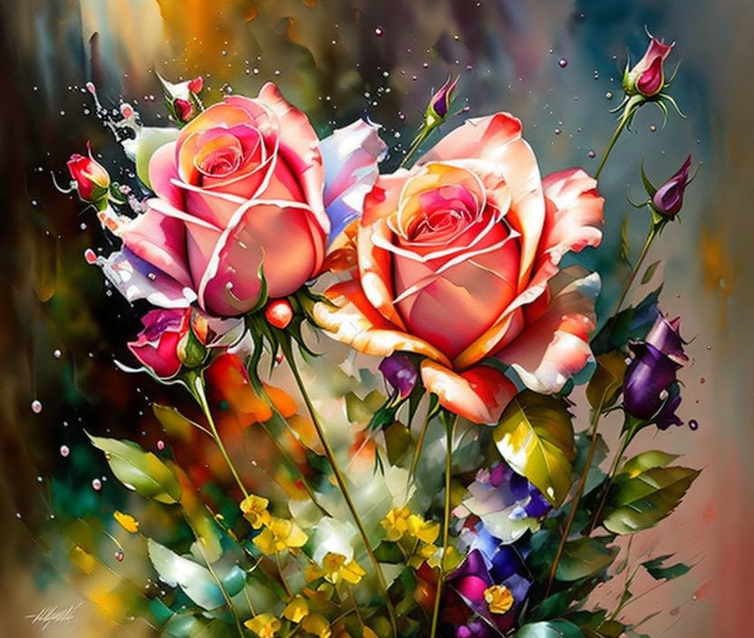 Toile murale bouquet de roses aquarelle 50x70cm ELYRTHRIUMC sans cadre
