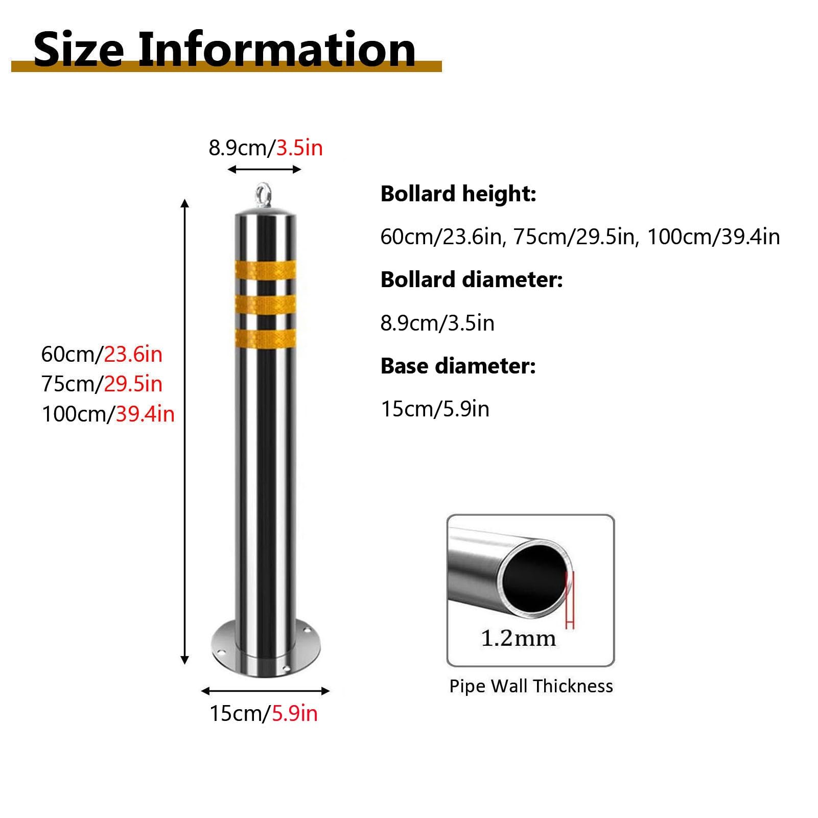 Generisch 2er-Pack Edelstahl-Parkpoller für den Außenbereich, Feste Sicherheitsbarrierenpfosten mit reflektierenden Bändern und Spreizdübeln zur Kollisionsverhütung (39,4 x 3,5 Zoll)