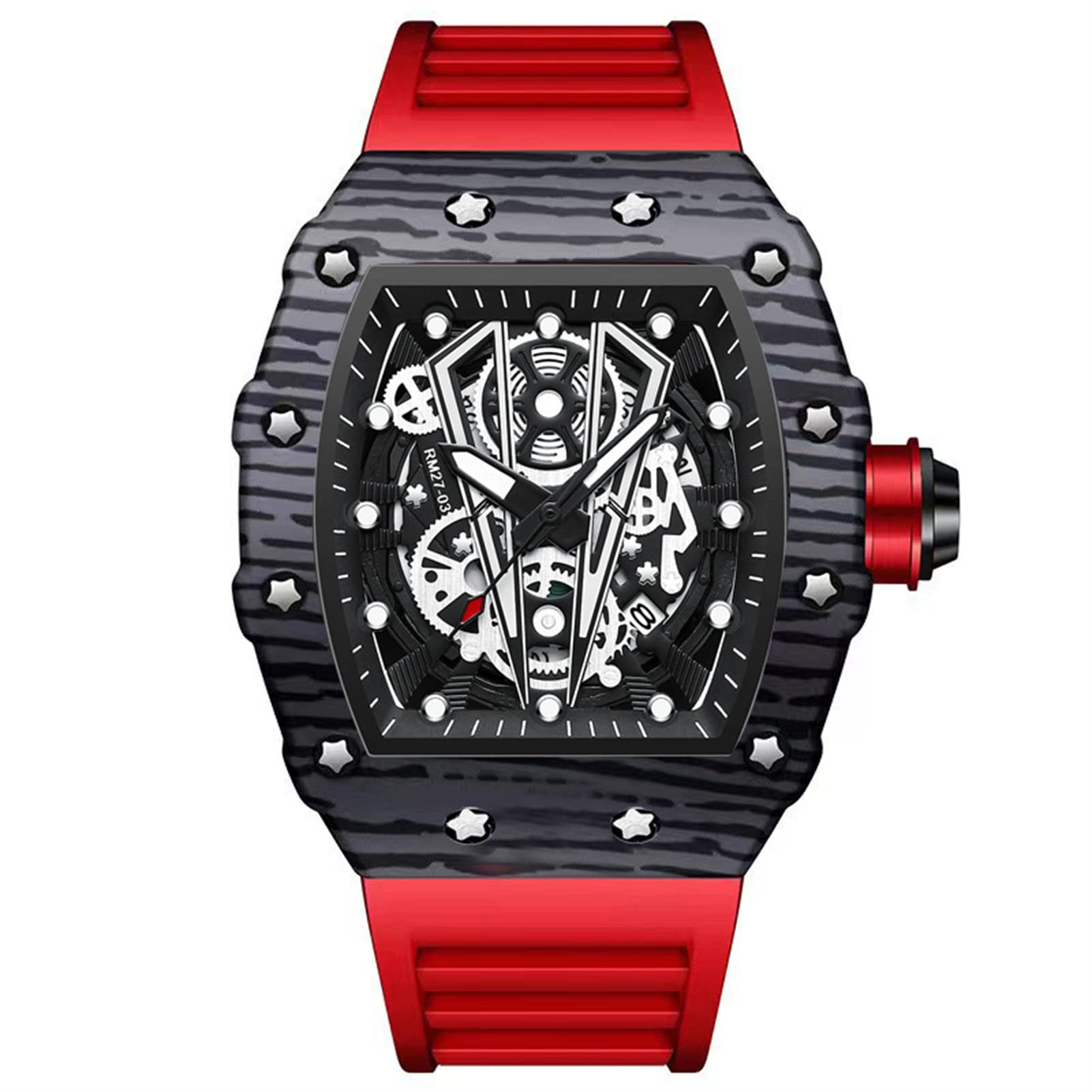 FORSINING Men Fashion Quartz Watch Skeleton Rectangle Large Dial Analogue Mens Wristwatch Watch Casual Business Silicone Strap Military Watches, Red, strap
