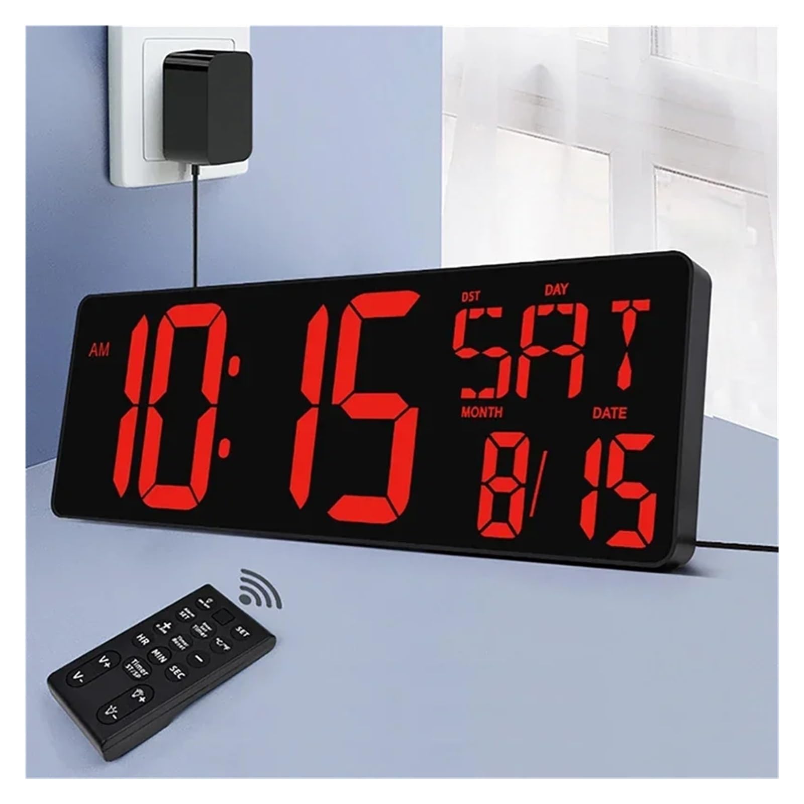 42 cm duży ekran LED cyfrowy zegar z wiecznym kalendarzem, jaość regulowana temperatura wyświetlacz daty tydzień budzik z RE(Red Black)