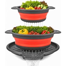 2 Collapsible Colanders with Self-Draining Tray Red