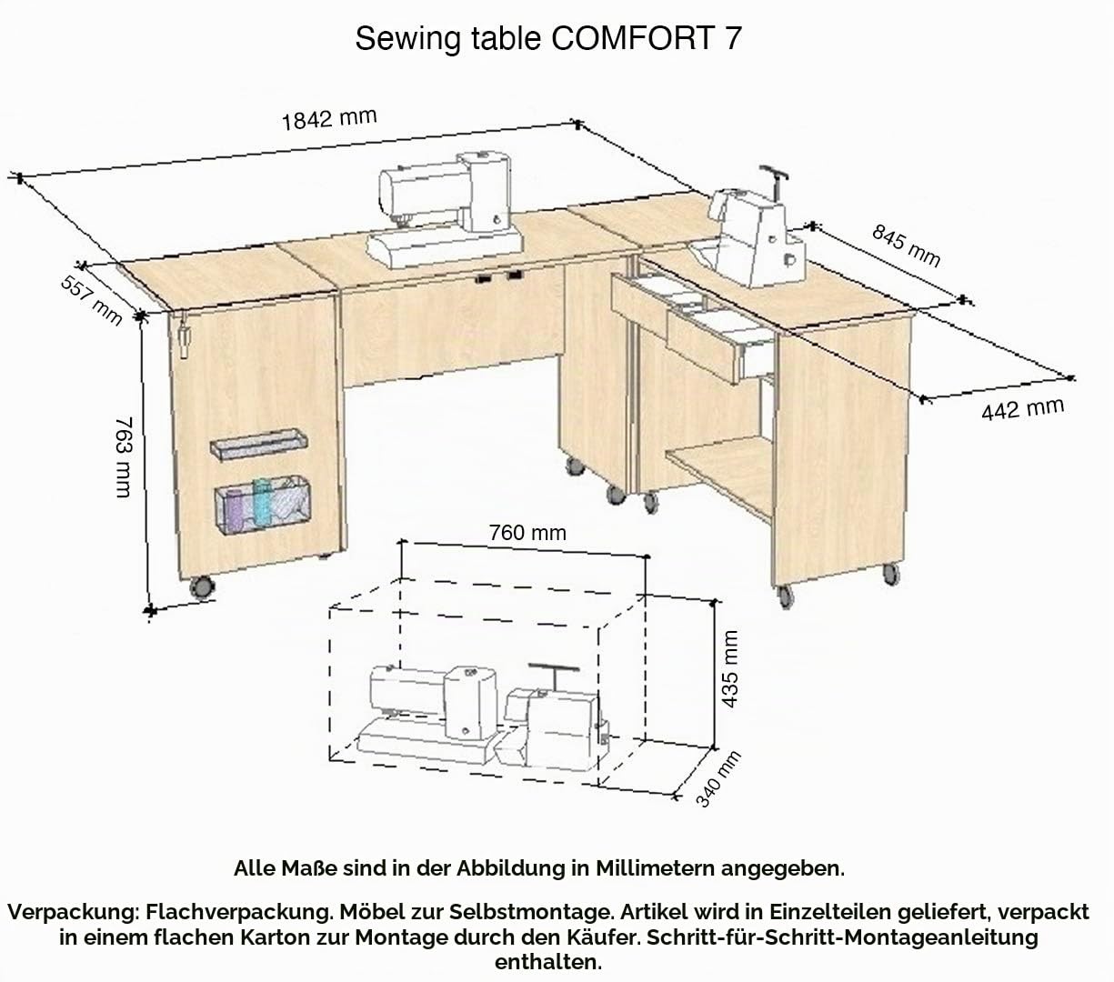 Comfort 7 | Nähmaschinenschrank | Nähmöbel | Nähtisch | (Premium White)