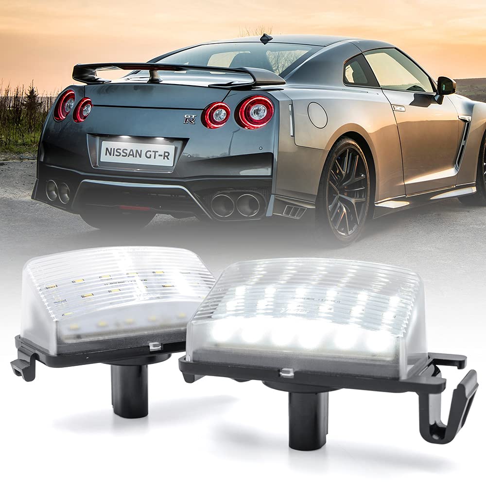 LED License Plate Light Replacement for 2003-2019 Ni-ssan 370z 350z GTR Versa Leaf & Infiniti G35 G37 Q60, 6000K Xenon White 18-SMD Error Free Led Tag Lights Assembly Replace OEM Led Number Lamps