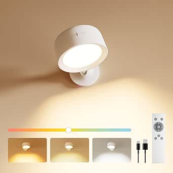 FULEN Aplique de Pared Interior, Lámpara de LED Recargable 8000mAh con 18 Colores, Táctil y por Control Remoto, 360° Lámpara de Pared Inalámbrica para Mesita de Noche en Dormitorio, Blanco 1 Piezas