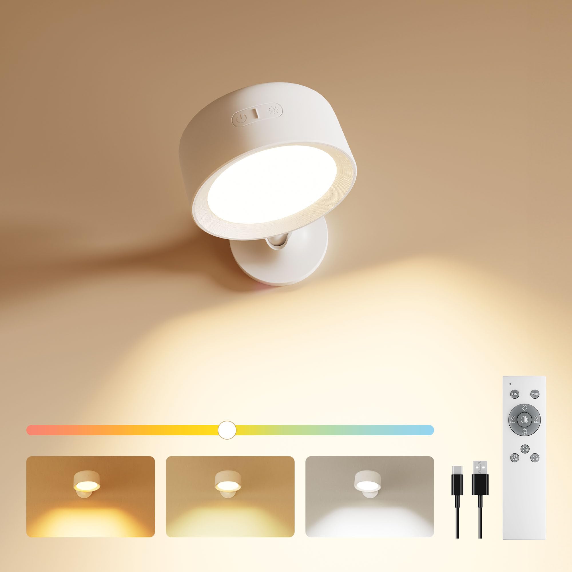 FULEN Wall Lights, Led Wall Lamp with 18 RGB Colors, 8000mAh Rechargeable Battery Operated, Touch and Remote Control,Dimmable Wireless Wall Sconces for Bedroom Indoor, 360° Rotation, White-1 Pack