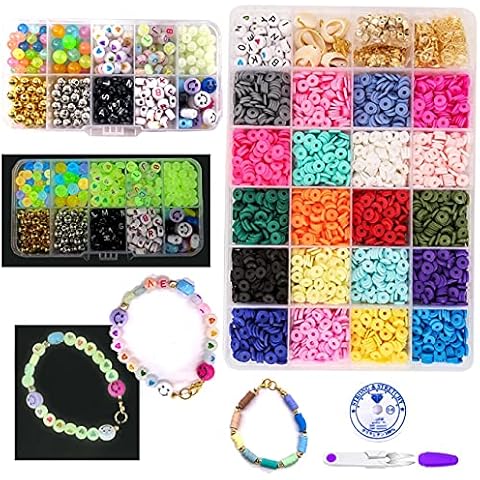 KWOLYKIM 4040 Pcs Luminous Polymer Clay Beads and Clay Flat Beads, Face Smiley Letter Beads, Heishi Spacer Beads for DIY Jewelry Bracelet Earring Bracelet Making Kit Cover
