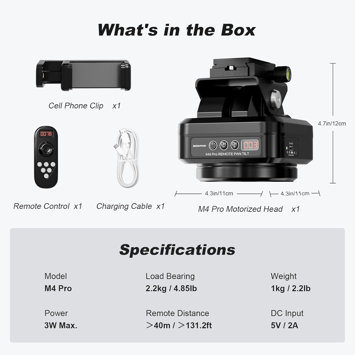 Soonpho M4 Pro Motorized Tripod Head, Rotating Panoramic Control 360° Pan Tilt Head with 40M Wireless Remote Control and Mobile Phone Clip for DSLR Cameras, Camcorders, Smartphones