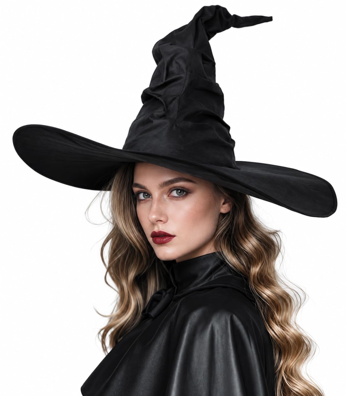 Women's Black Witch Hat with Ruched Shapeable Wide Brim for Halloween