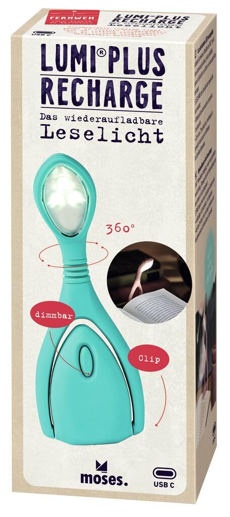 moses. Lampka do czytania Lumi Plus Recharge turkusowa, lampa zaciskowa z bezstopniowym ściemniaczem do czytania w ciemności, lampa do czytania LED z możliwością ponownego ładowania, w modnym