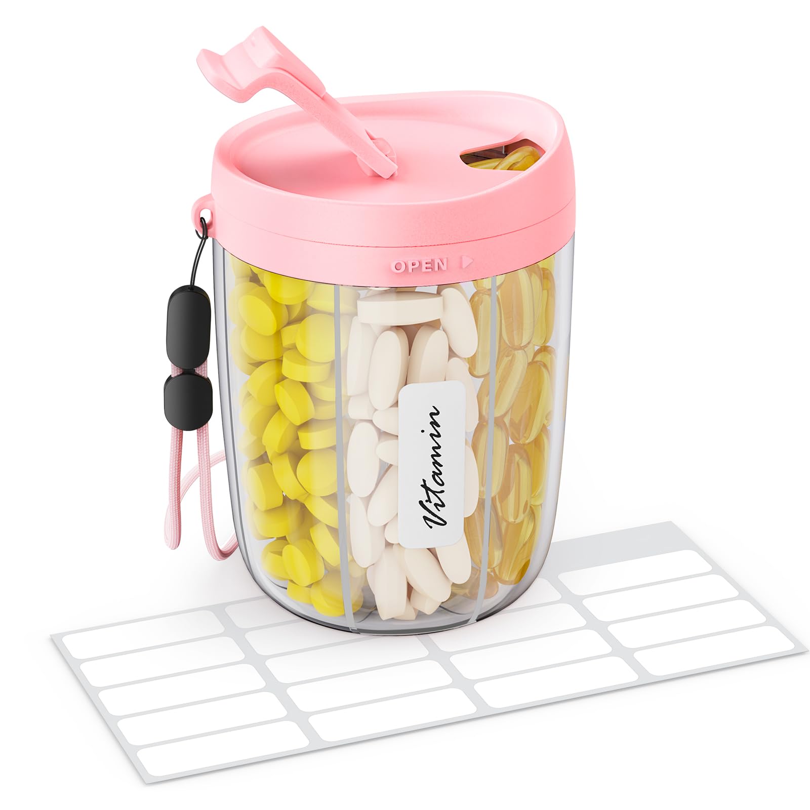 ZIKEE Large Pill Bottle Organizer with Anti-Mixing & Wide Openings Design, Pill Dispenser Holds Monthly Vitamins, Travel-Friendly Supplement Organizer Easy to Fill & Retrieve with a Handle, 20 Labels