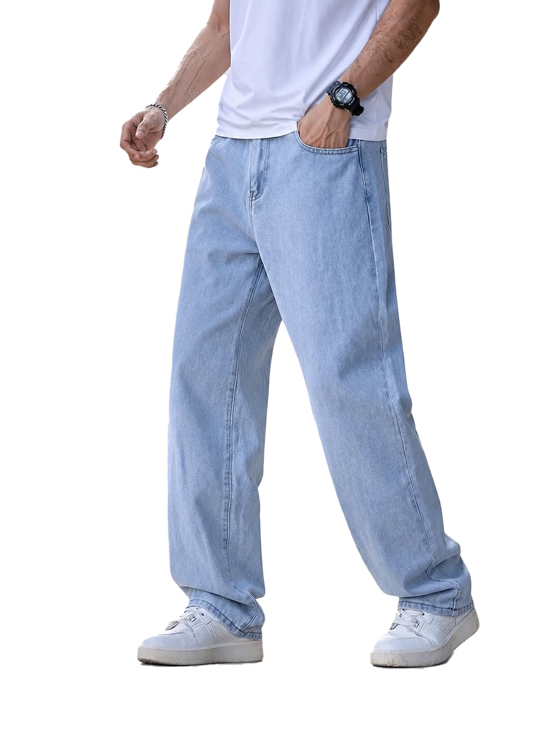Men's Light Blue Wide Leg Baggy Jeans | Casual Straight Fit Denim Jeans | Relaxed Oversized Fit | Vintage Washed Finish | Comfortable All-Day Wear | Breathable Cotton Denim Fabric-picture-20