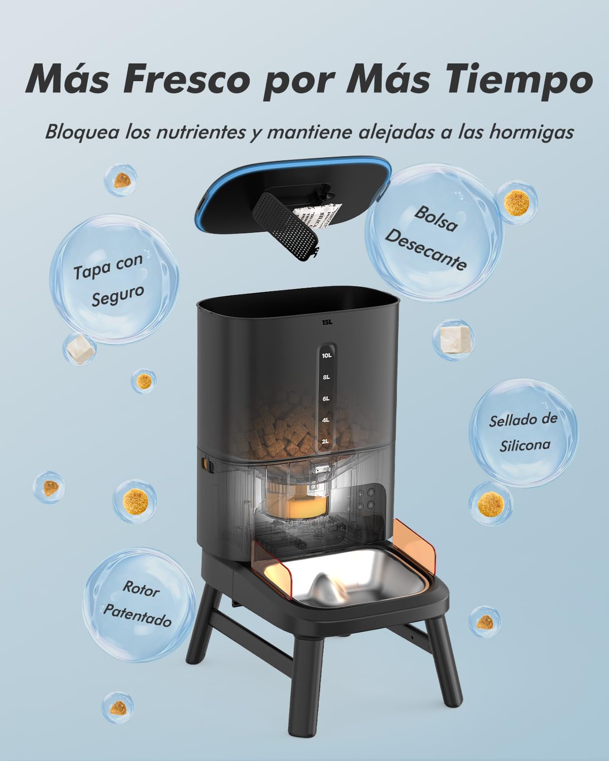 Comedero automático para Razas Grandes, 15L de Capacidad para Gato y Perro | Comedero automático 2-23mm, anti-atascos, soporte ajustable, grabación voz, doble alimentación, cuenco inox