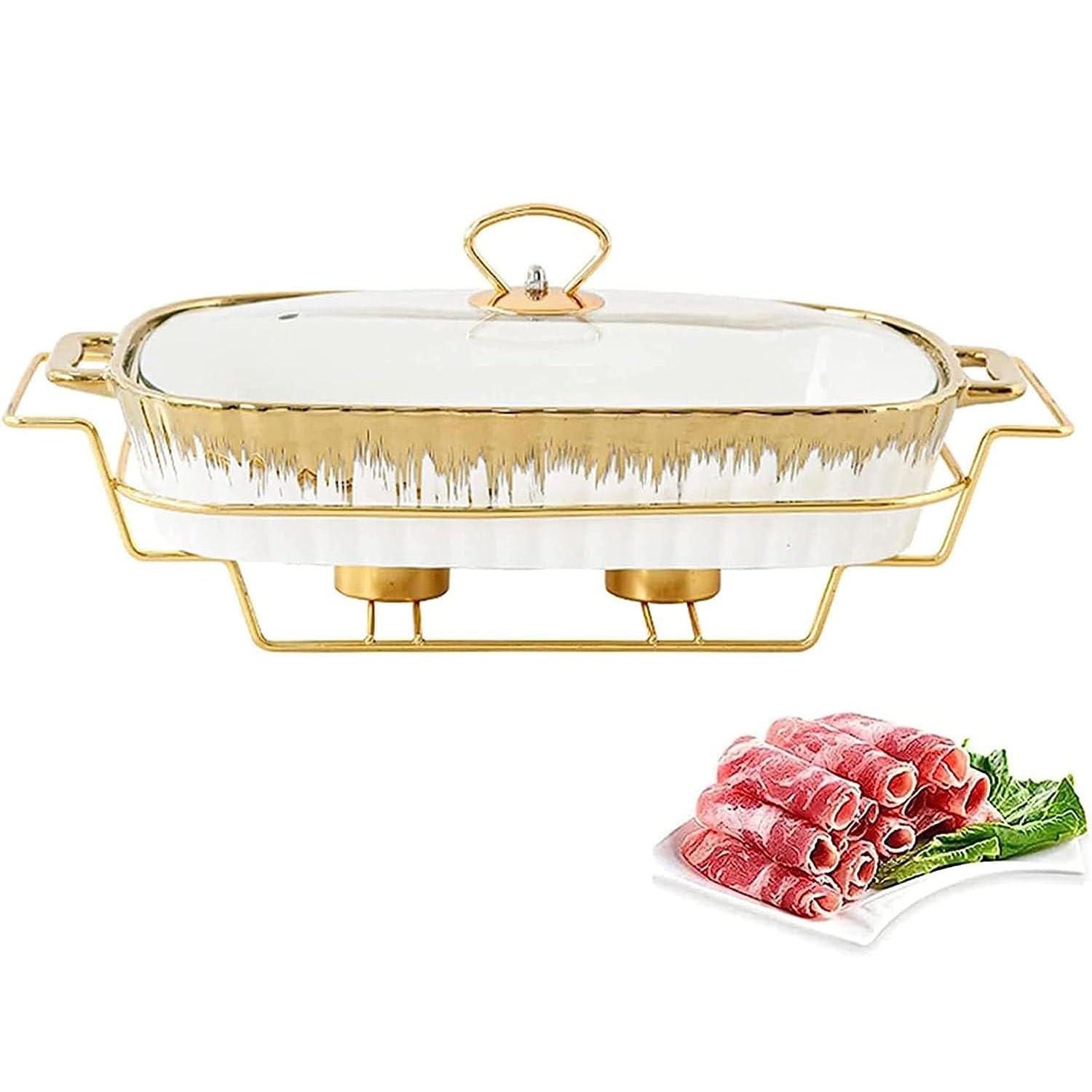 Juego de platos para rozaduras con tapa de cristal, estufa de alcohol para catering, fiesta, boda, paquete de cerámica para calentar alimentos en invierno