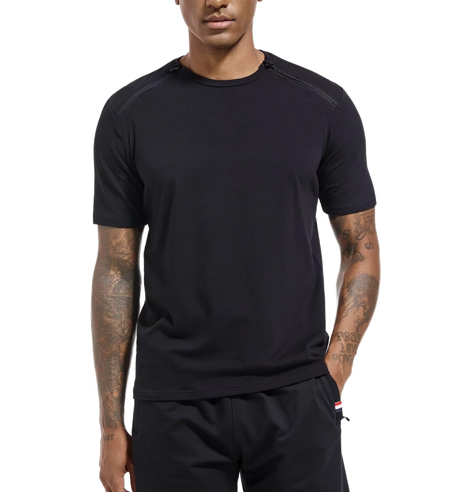 Landofgenie Camisetas Deportivas Unisex después de cirugía de Hombro para Hombre y Mujer, Camiseta Funcional con Cremalleras Laterales Izquierda y Derecha, Camisetas Activewear, Negro