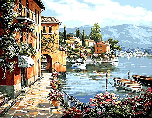 Morgofun DIY Painting Paint by Numbers for Adults, DIY Paint by Number Kits Peaceful Harbor Village Drawing 40x50cm