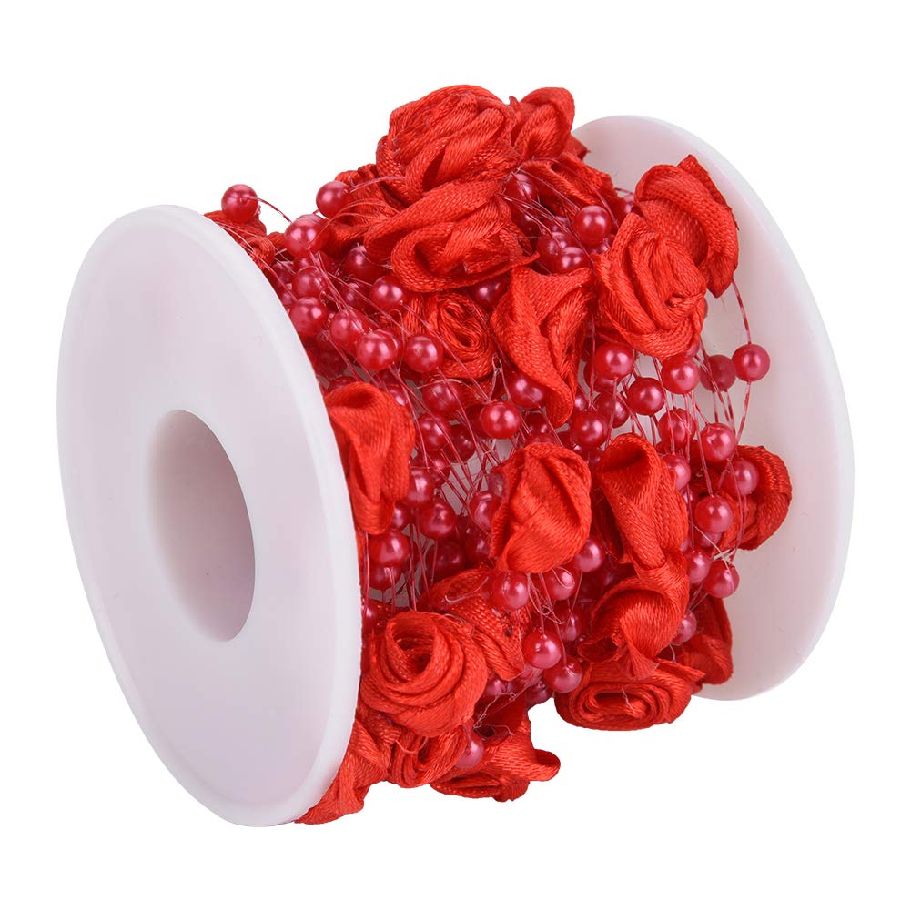 10m Rose Artificial Pearl Garland String - DIY Wedding Decoration, Red, ABS Beads (32.8 Ft)