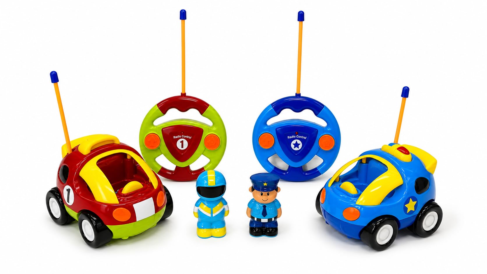 Velnavo My First Remote Control Car for 2 3 Year Old, 2 in 1 Toddler RC Toy Set, Cartoon Police Car & Race Car with Sound Light Steering Wheel Controller, Birthday Gift Boys Girls, 18 Months+