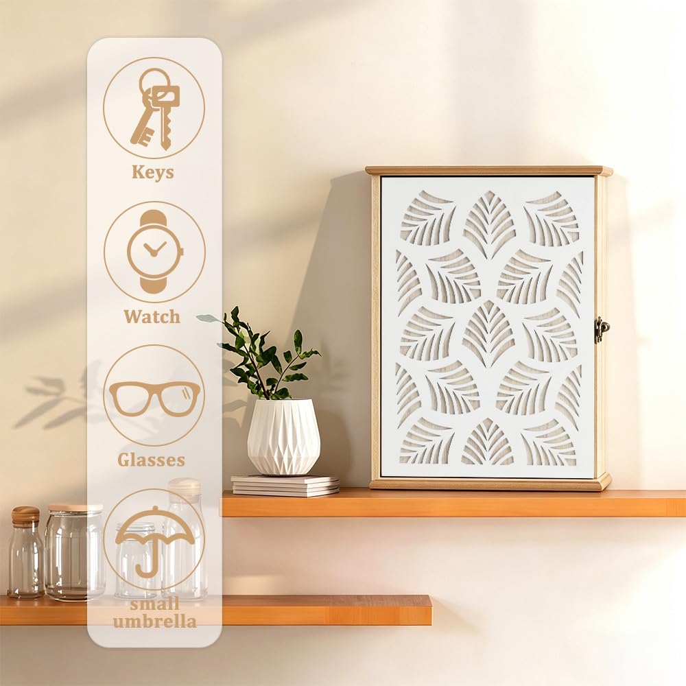 Schlüsselkasten Holz, Vintage Schlüsselbox mit 6 Schlüsselhaken Weiß Schlüsselschrank Geometrisches Hohles-Design Geeignet für Eingangsbereich Wohnzimmer Flur Büro kleine Gegenstände