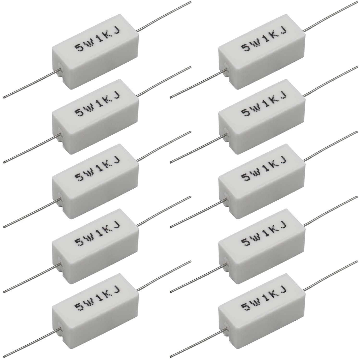 10 PCS 5W 1K Ohm 5% Axial Lead Wire Resistors - White Wound Fixed Ceramic Cement Power Resistors with Flame, Heat & Moisture Resistance