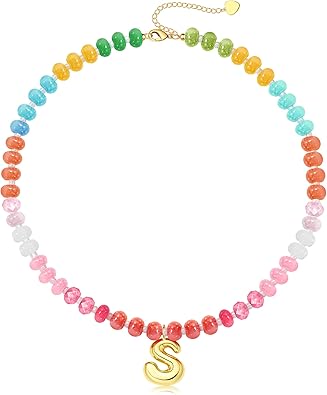 Initial Necklaces for Women, Beaded Necklaces for Women with Bubble Necklace Letter Stocking Stuffers for Teens Trendy Stuff Colorful Gemstone Choker 14k Gold Letter A-Z Pendant Summer Beach Christmas Birthday Jewelry for Her Girlfriend Sister