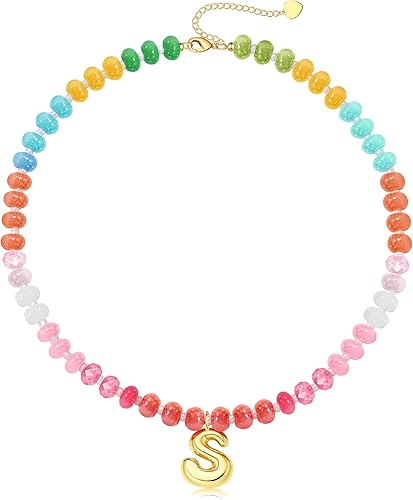 Initial Necklaces for Women, Beaded Necklaces for Women with Bubble Necklace Letter Stocking Stuffers for Teens Trendy Stuff Colorful Gemstone Choker 14k Gold Letter A-Z Pendant Summer Beach Christmas Birthday Jewelry for Her Girlfriend Sister
