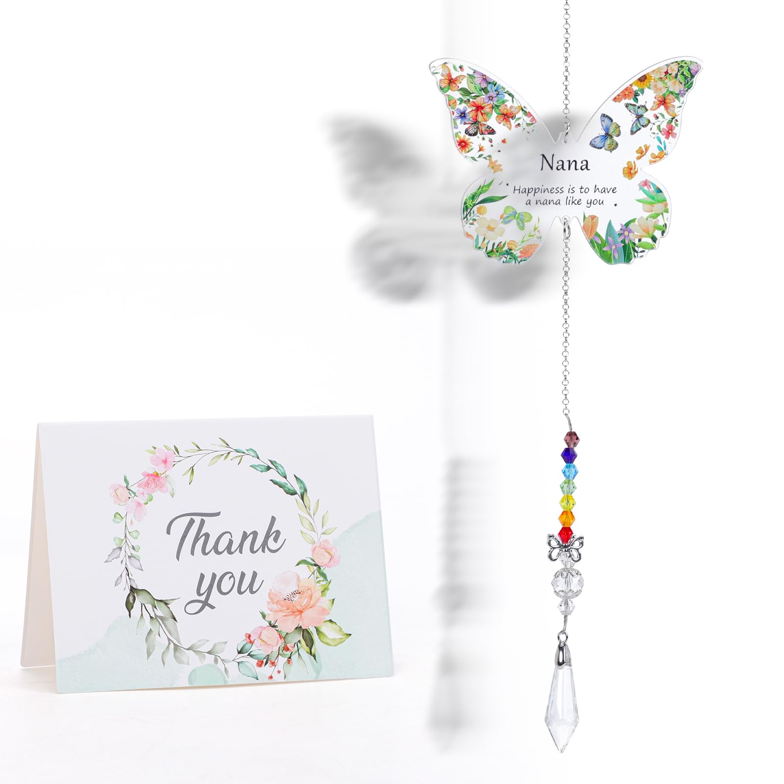 Best Nana Gifts - Crystal Butterfly Suncatcher with 'Nana' Thank You Card, Handmade Floral Appreciation Gift for Grandma, Grammy | Birthday, Mother's Day, Christmas & Retirement Gift