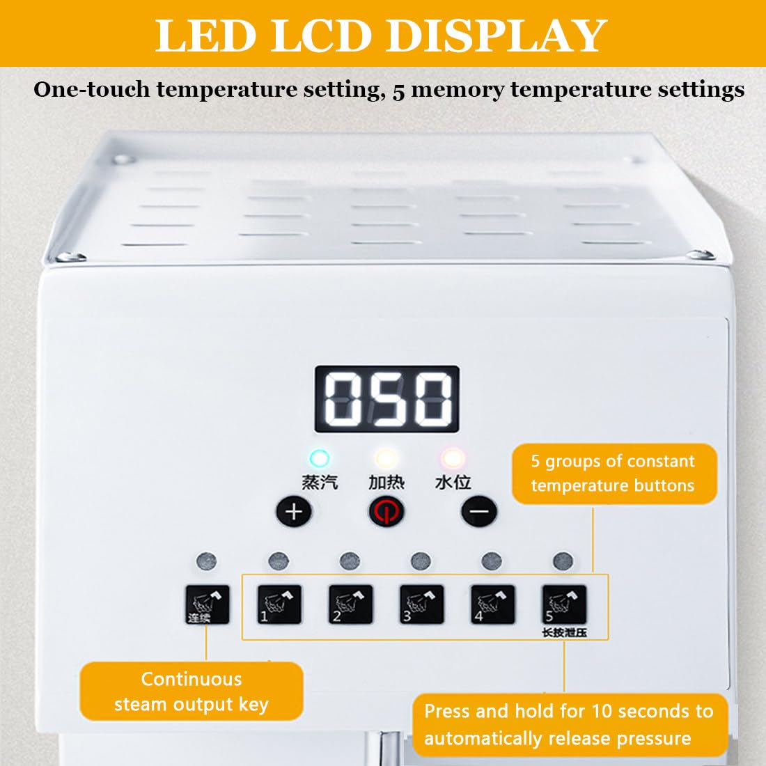 W pełni automatyczna maszyna do spieniania wody parą, 2500 W, 6 l, komercyjna elektryczna spieniarka do mleka z wyświetlaczem LED, 5 ustawień temperatury, szybkie spienianie latte/cappuccino