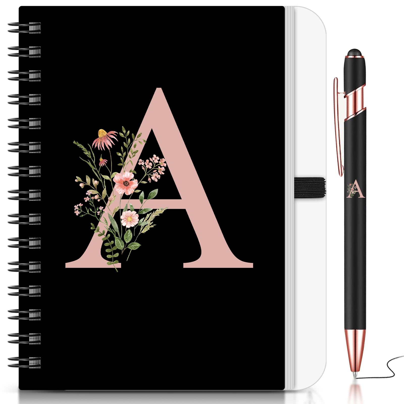 BBTO 1 Set Initial Letter Notebook for Women Personalized Gifts Floral B6 Notebook with Ballpoint Pen for Graduation Gifts Teacher Appreciation Birthday Office Christmas Supplies(Letter A) — image 1
