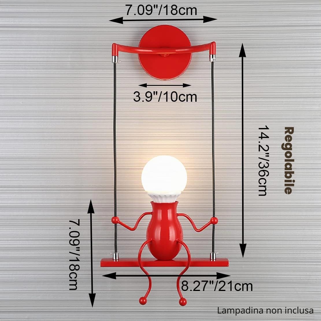 Lampade da parete per soggiorno Applique da parete creativa del fumetto della camera da letto moderna che accende Lampade da comodino regolabili a LED Regalo per bambini 1×E27 (Rosso)