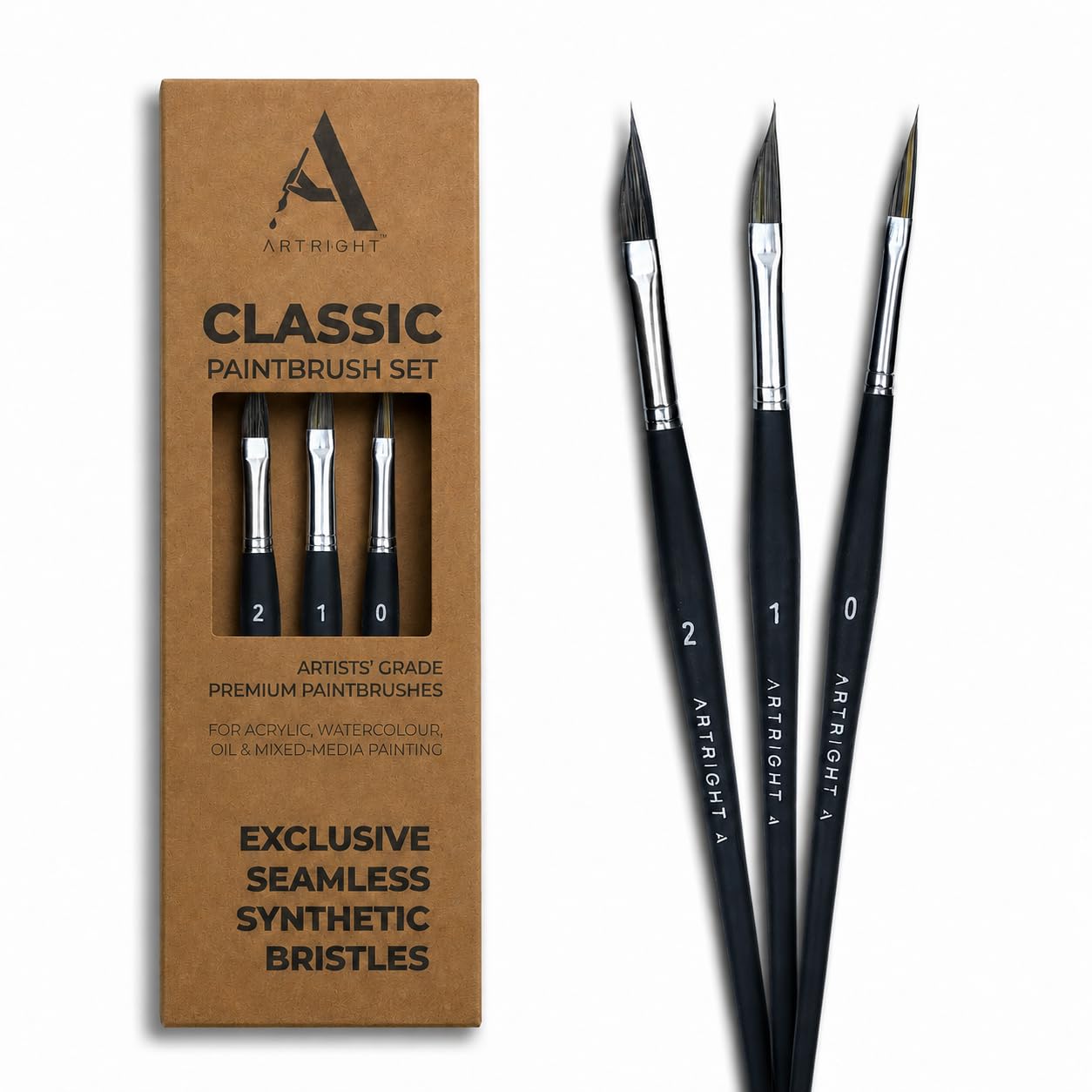 ArtRight wood Leaf & Petal Paint Brushes Set of 3 (#0, #1 & #2) with Seamless Synthetic Bristles - 3 Premium Artists' Liner Painting Brushes Inc Dagger Brush for Acrylic Painting, Oil Painting & More