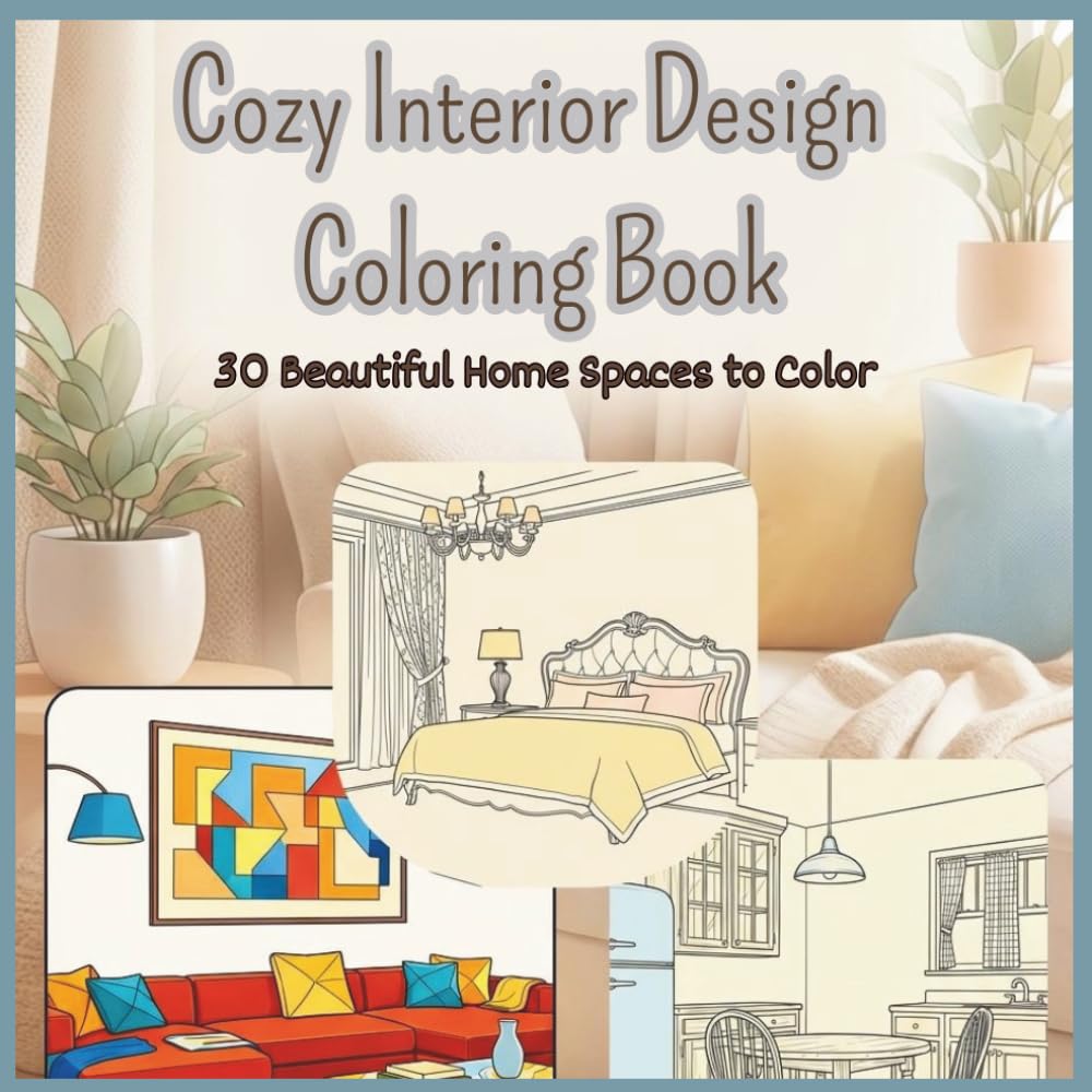 Cozy Interior Design Coloring Book: 30 Beautiful Home Spaces to Color for Adults and Teens - Relaxing Rooms, Cozy Corners and Stylish Interiors for Stress Relief
