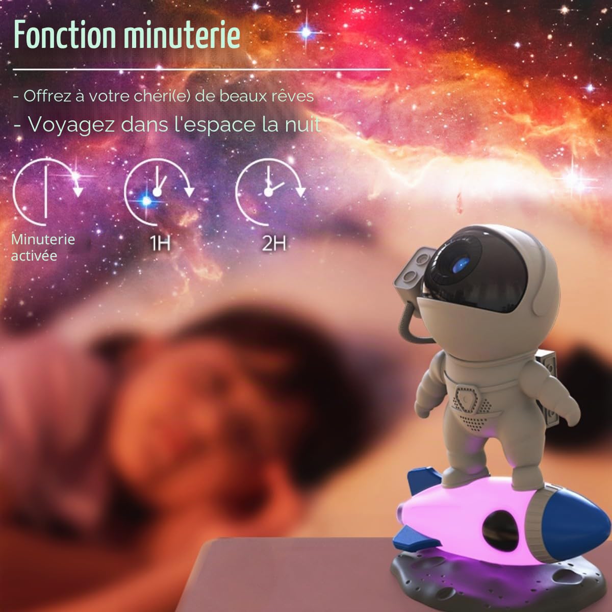HTLNUZD Projecteur galaxie astronaute fusée et 12 pièces de film nébuleuse rotation à 360° tête magnétique pour chambre à coucher, salle de jeux, décoration de Noël