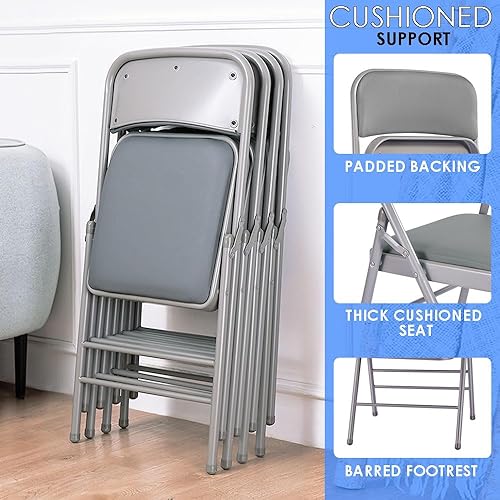 Miniatura 4 de EZONE (2 sillas plegables de vinilo con respaldo de cojín acolchado, silla plegable de acero de metal, silla plegable acolchada de espuma ligera