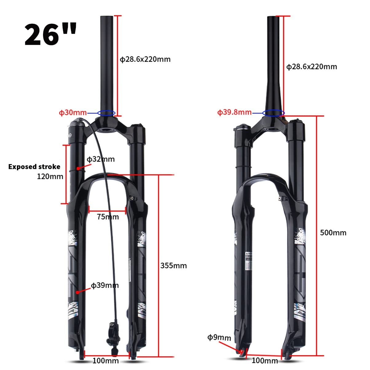 Widelec amortyzowany z aluminium do rowerów 26, 27,5 i 29", amortyzator z szybkozaciskiem 9 mm (stożkowy, 29 cali).