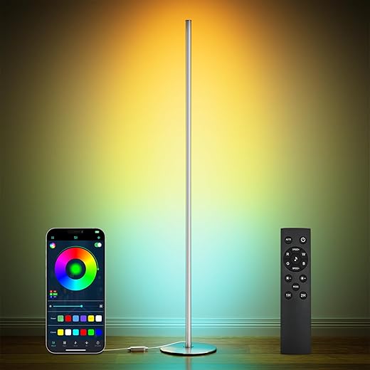 luckystyle Smart RGB Corner Floor Lamp,Bright LED Tall Modern Floor Lamp with APP and Remote,Ambient Lighting Color Changing Standing Lamps with Music Mode and Timing for Living Room,Bedroom Silver