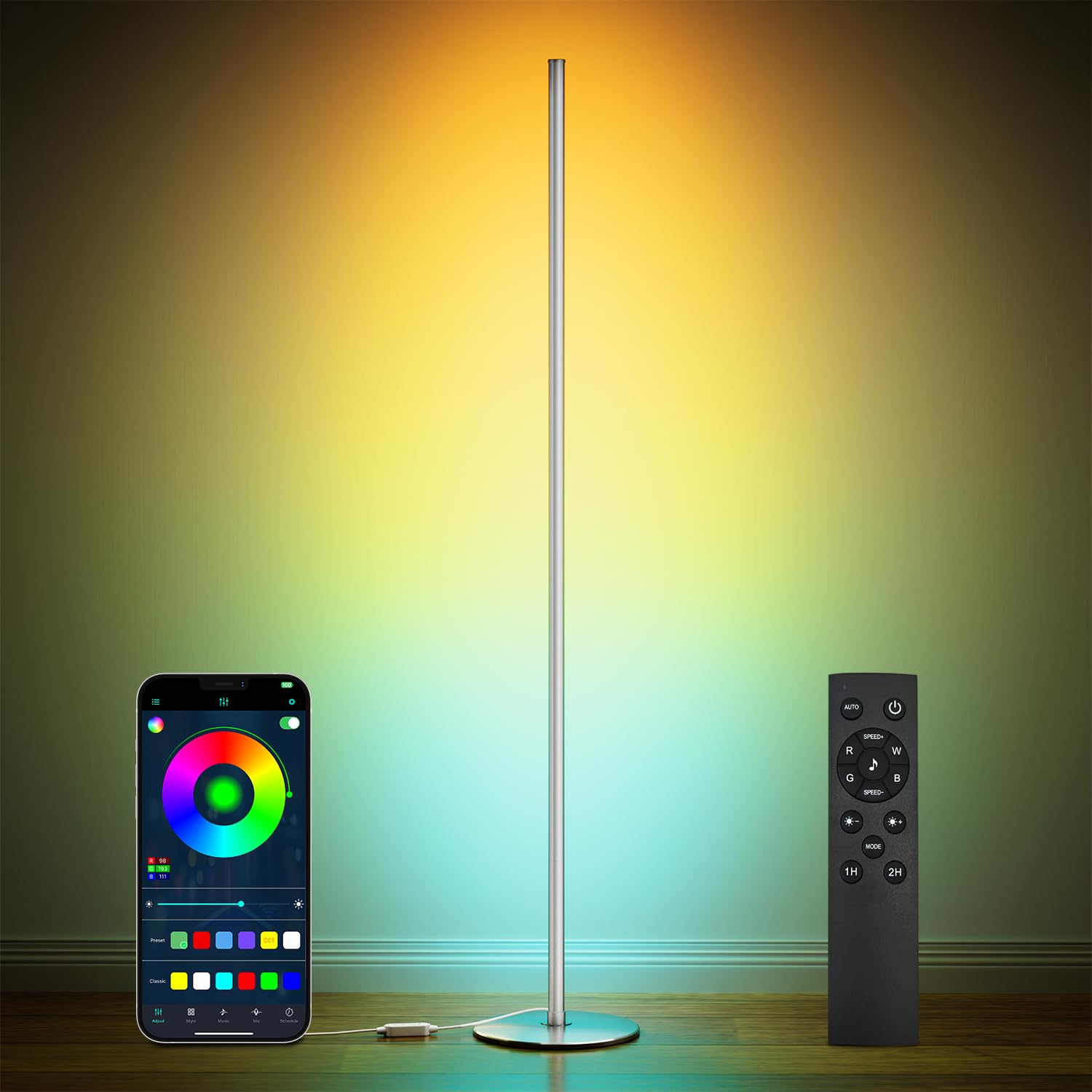 Smart RGB+IC Corner Floor Lamp,Ambient Lighting Color Changing Standing Lamp with 16 Million DIY Colors and Music Mode, App and Remote, Bright LED Tall Lamp for Living Room,Bedroom,Gaming Room Silver