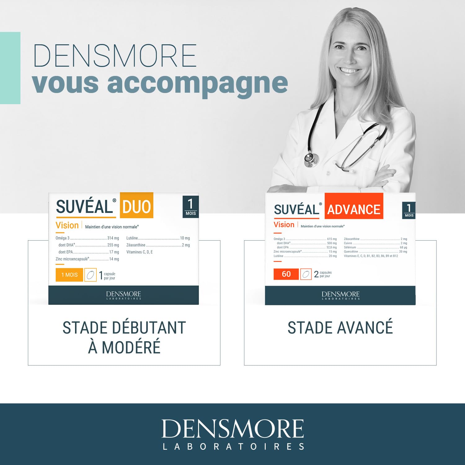 Densmore - SUVEAL Advance 1 mois - Complément Alimentaire Ophtalmologie à base d’Omega 3 (DHA), Lutéine, Zéaxanthine, Quercétine, Vitamines B, Zinc - Formule Ultra-Complète vision - Fabriqué en France
