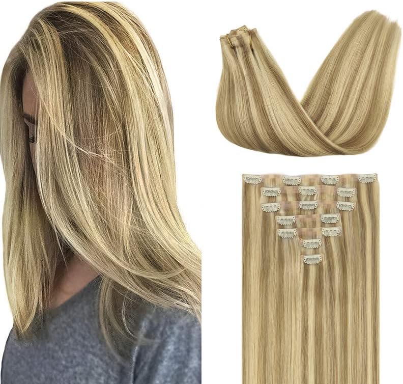 GOO GOO Seamless Clip in Hair Extensions Human Hair, 20inch 110g 7Pcs, #16/22 Light Blonde Highlighted Golden Blonde, Hair extensions for women, Human Hair Extensions Clip in