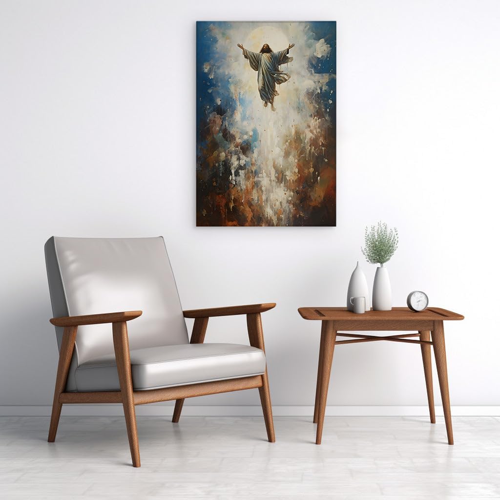 Canvas for Living room. Ascending Savior Illumination � A Celestial Vision of Jesus in Ethereal Robes Against a Tapestry of Sky, 27 x 18 inch Canvas Wall Art - Ready to Hang - 69x46 cm (27x18 inch)